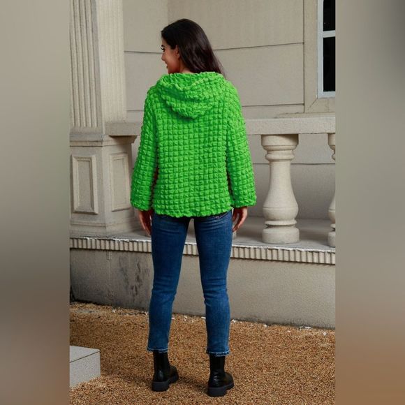 Green Texture Drawstring Long Sleeve Hoodie - Picture 3 of 3